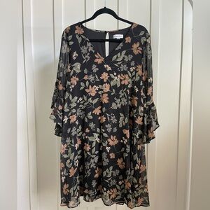 Calvin Klein Floral Ruffle Sleeve V-Neck Chiffon Dress
